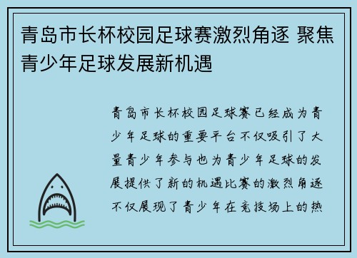 青岛市长杯校园足球赛激烈角逐 聚焦青少年足球发展新机遇