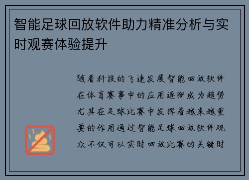 智能足球回放软件助力精准分析与实时观赛体验提升