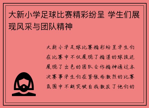 大新小学足球比赛精彩纷呈 学生们展现风采与团队精神